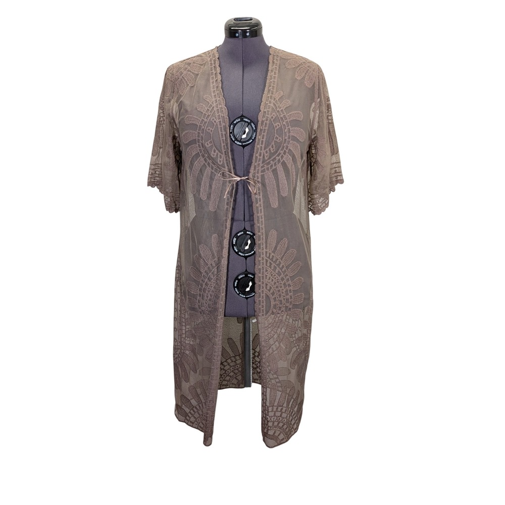 Rebellion Again Longline Lace Coverup XS Taupe Sheer Tie Front Open